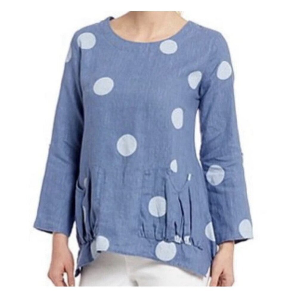 Ali Miles 100% Linen Blue Chambra Polka Dot Artsy Pointed Hem Tab‎ Sleeve Top S